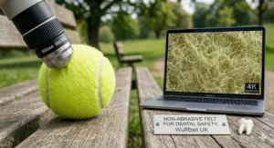Two high-visibility tennis balls in yellow and orange placed on grass for easy spotting during outdoor play.