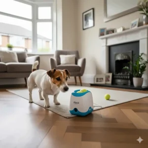 A Jack Russell Terrier waiting for an iFetch ball launcher to trigger on a wooden floor inside a modern British semi-detached living room.
