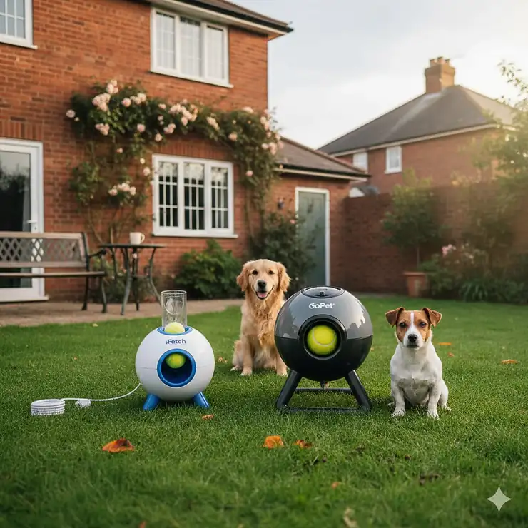 A side-by-side comparison of the iFetch and GoPet ball launchers sitting on a manicured lawn in a UK garden with a brick semi-detached house in the background. ifetch vs gopet ball launcher