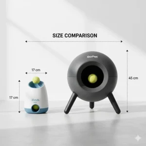 A technical size comparison showing the height and width in centimetres of the compact iFetch Mini versus the larger GoPet ball launcher frame.