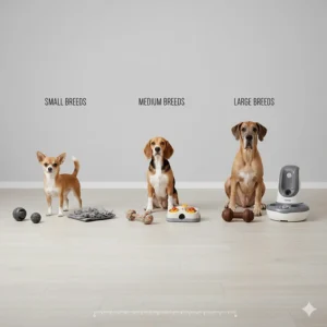 A diagram showing toy sizes relative to different breeds, from Chihuahuas to Mastiffs, to ensure safety.