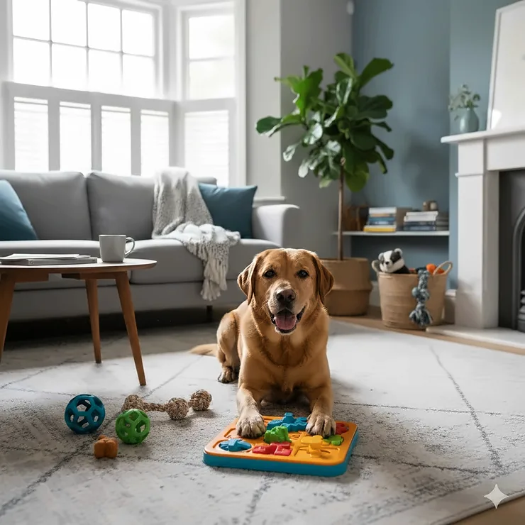A happy Labrador playing with a colourful puzzle feeder on a living room rug, part of a comprehensive buying guide for interactive dog toys. interactive dog toys buying guide