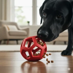 Close-up of a durable rubber treat-dispensing toy being nudged by a dog's nose to release kibble.