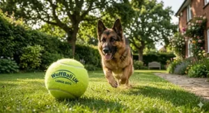 A safety size guide using a metal calliper to show the minimum safe diameter of a tennis ball for large dog breeds.