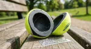 Photorealistic comparison showing a standard tennis ball next to a jumbo version for large dog breeds on a green lawn.