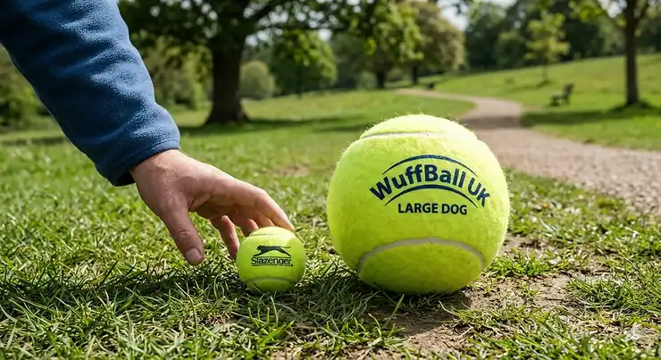 A large Golden Retriever playing with an oversized yellow tennis ball specifically designed for big dogs in a British park. large tennis balls for big dogs