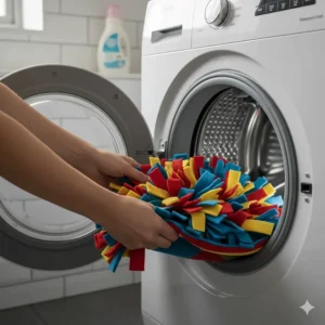 A colourful snuffle mat being placed into a washing machine, illustrating easy care for UK pet owners.