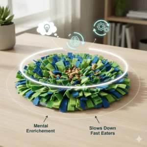 A diagram showing how a snuffle mat for anxious dogs provides mental enrichment and slows down fast eaters.