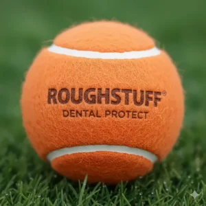 Close-up of special non-abrasive felt on a dog ball designed to protect teeth and gums during play.