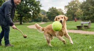 A pet owner using a ball thrower to play with a German Shepherd and a jumbo tennis ball in a UK countryside setting.