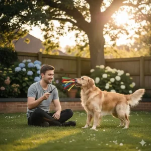 A man sitting on a lawn and bonding with his golden retriever during an interactive play session with a dog flirt pole.