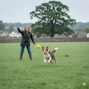 Illustration of a dog owner throwing a squeaky tennis ball for their dog during a game of fetch.