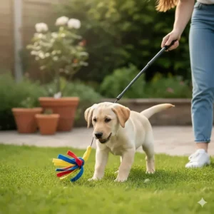 A young Labrador puppy playing gently with a soft flirt pole lure for mental enrichment in a garden setting.