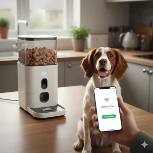 A WiFi-connected treat dispenser allowing a pet owner to feed their dog via a mobile app.