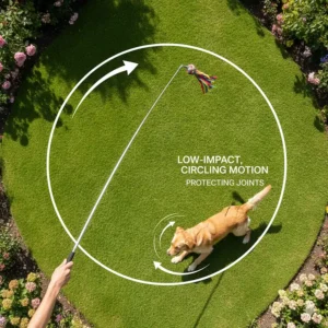 An overhead diagram showing the correct low-to-the-ground circling motion of a flirt pole for dogs to ensure safe, low-impact play.