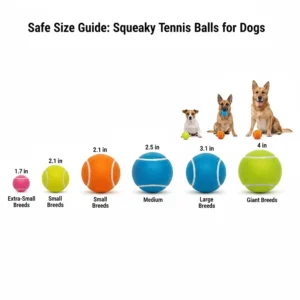 A size comparison guide showing different squeaky tennis balls for dogs to ensure a safe fit for various breeds.