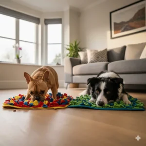 A French Bulldog and a Border Collie both enjoying their own snuffle mats to show size versatility.