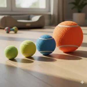 A variety of dog tennis balls in different sizes and colours, ranging from small puppy-sized balls to large breeds, arranged on a wooden floor.