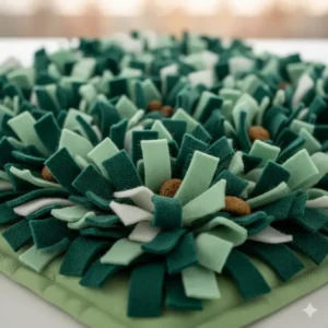 Close-up detail of soft, durable felt strips on a snuffle mat for anxious dogs.