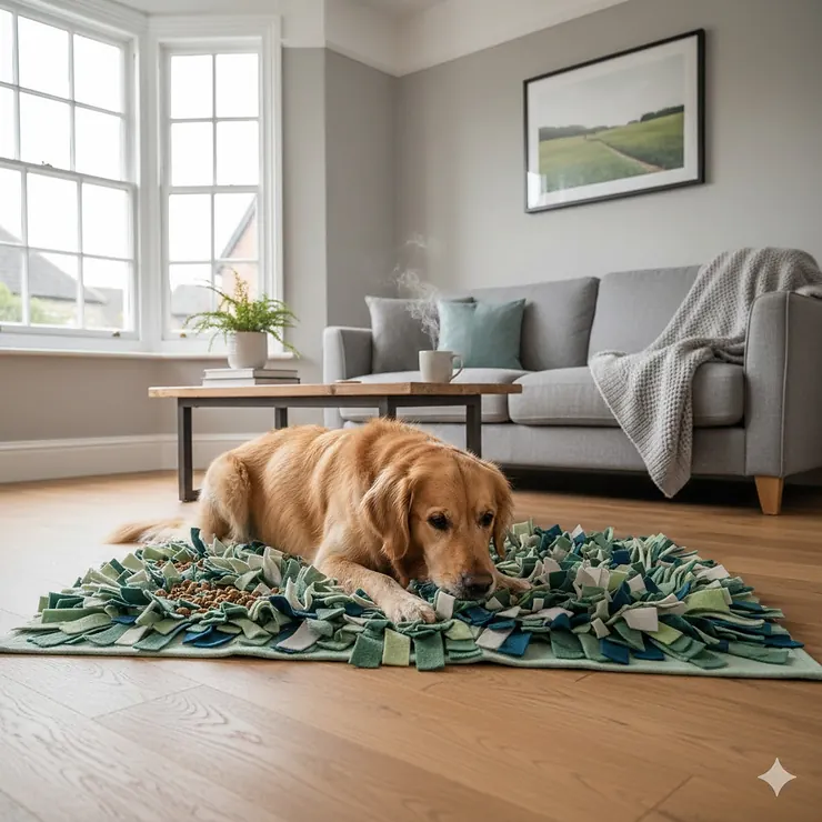 A calm Golden Retriever using a colourful fabric snuffle mat for anxious dogs on a wooden living room floor. snuffle mat for anxious dogs