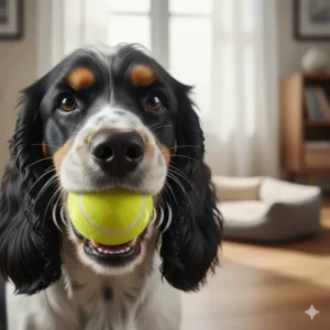 A close-up of a Spaniel holding a squeaky tennis ball in its mouth, with visual cues for the squeak, set in a modern British home.