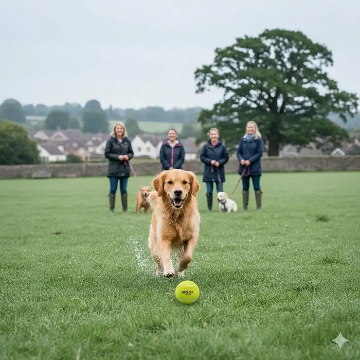 A happy Golden Retriever playing with a bright yellow squeaky tennis ball for dogs in a grassy British park. squeaky tennis balls for dogs
