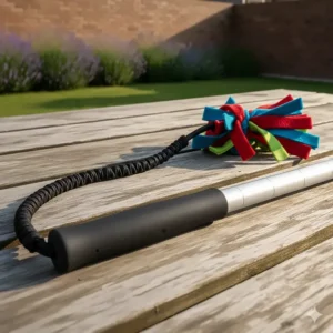 A close-up of a high-quality flirt pole for dogs showing the telescopic metal wand and a durable bungee cord on a wooden garden table.