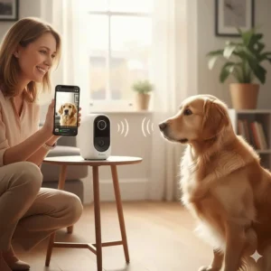 A British pet owner using the Furbo app to talk to their Golden Retriever through the two-way audio feature.