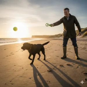 A man in a waxed jacket and wellington boots using a ball thrower to launch a tennis ball for a black Labrador on a sandy British beach.