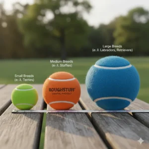 A size guide comparing standard tennis balls to extra-large versions for breeds like Staffies and Labradors.
