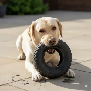 A Labrador happily chewing on a puncture-resistant tyre-shaped rubber toy on a patio.