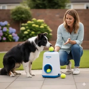 A British pet owner kneeling on a stone patio, training a Border Collie to drop a tennis ball into the top hopper of an iFetch launcher.