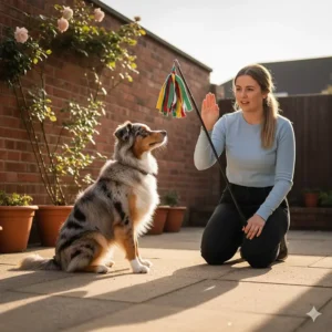 A dog sitting patiently in a garden before being released to play with a flirt pole, demonstrating impulse control training and focus.