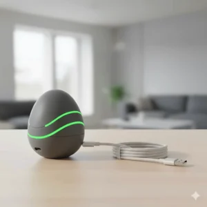An egg-shaped smart pet toy sitting on a wooden table next to its USB charging cable.