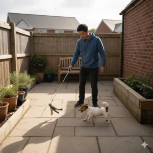 A pet owner using a flirt pole for dogs on a small paved patio, showing it as a space-saving exercise solution for UK homes.