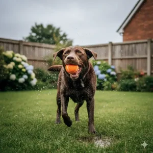 Illustration of a dog playing with a water-resistant squeaky tennis ball in a typical damp British garden.