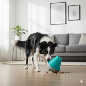 A black and white dog interacting with a teal wobble treat-dispenser toy that releases kibble onto a wooden floor.