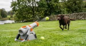 A 4K photorealistic photograph of a water-resistant automatic ball launcher on a damp British lawn, capturing a ball in mid-air with a chocolate Labrador sprinting in the background.