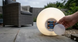 An illustration showing the underside of a glow ball with a compartment for standard AAA alkaline batteries.