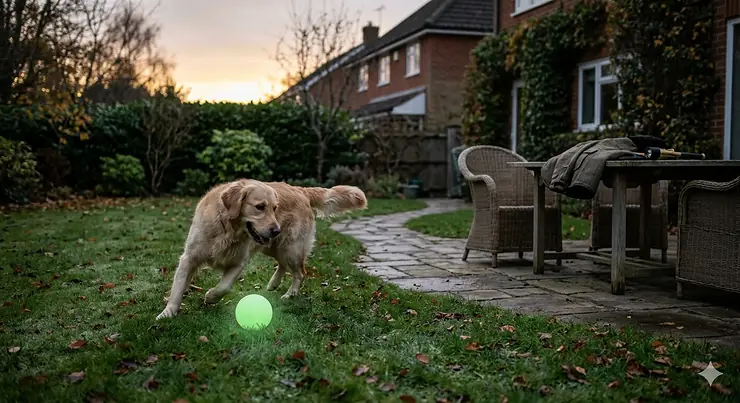 A happy Golden Retriever playing with a bright neon glow in the dark dog ball in a British garden at dusk. glow in the dark dog balls