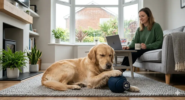 A happy Golden Retriever playing with a silent squeaky ball in a British living room, illustrating squeaky balls that don't annoy humans. squeaky balls that don't annoy humans