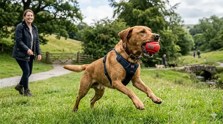 A happy Fox Red Labrador wearing a Union Jack harness running through a British park with a red squeaky ball in its mouth. squeaky balls for dogs