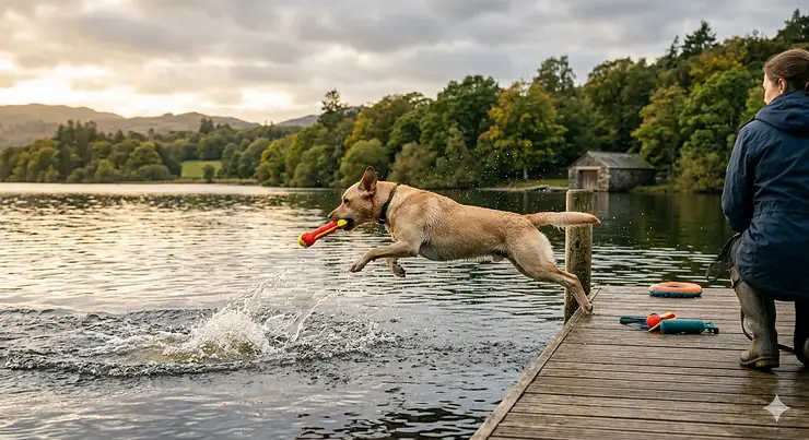 A photorealistic featured hero image of a yellow Labrador leaping from a wooden jetty into a scenic British lake, holding a floating fetch toy with a person in outdoor wear on the dock. water toys for labradors