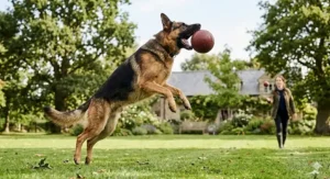 A large German Shepherd jumping to catch a bright orange rubber ball in a local British park.