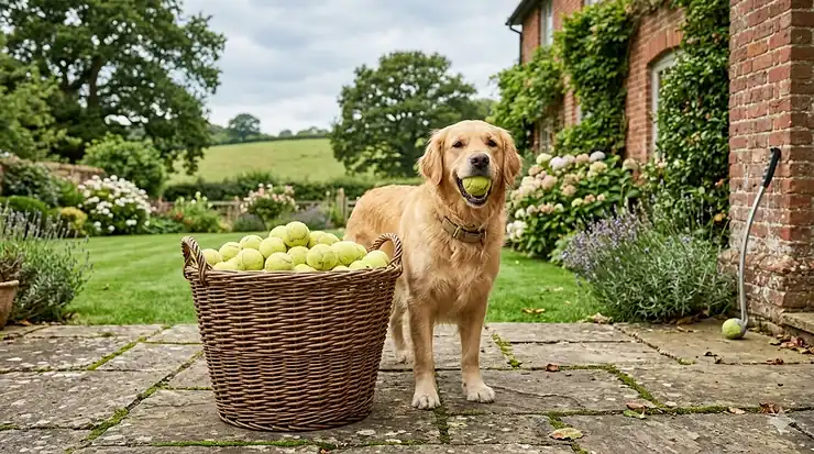 A large wicker basket overflowing with dozens of yellow tennis balls next to a happy Golden Retriever in a British garden. bulk tennis balls for dogs