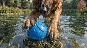 A blue indestructible rubber dog ball held by a dog's paws in shallow water, showing the chew-proof material and texture.