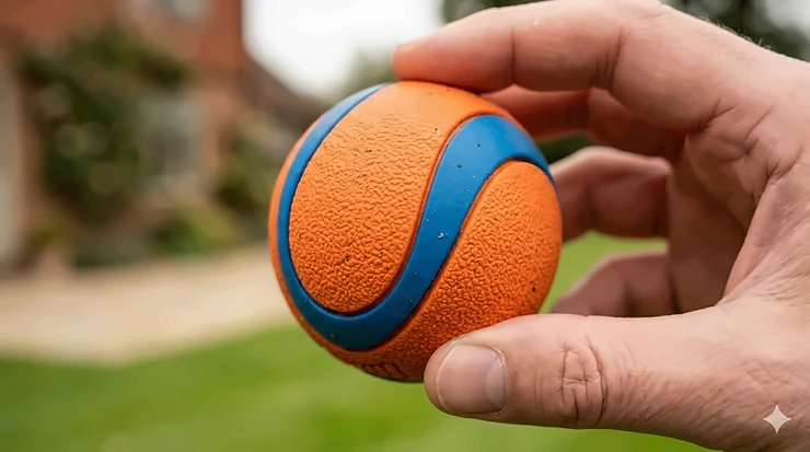 A close-up showing the durable, textured natural rubber surface of a Chuckit Ultra Ball held by a hand. chuckit ultra ball
