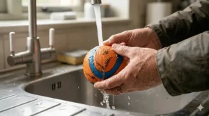 A muddy Chuckit Ultra Ball being washed under a kitchen tap to show how easy the rubber is to clean after a walk.
