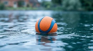A Chuckit Ultra Ball floating on the calm surface of a pond, demonstrating its high-buoyancy for water play.