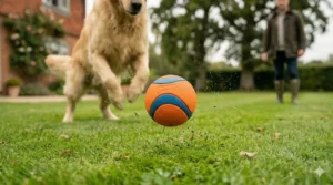 An action shot of a Chuckit Ultra Ball bouncing high off the grass as a dog runs to fetch it.